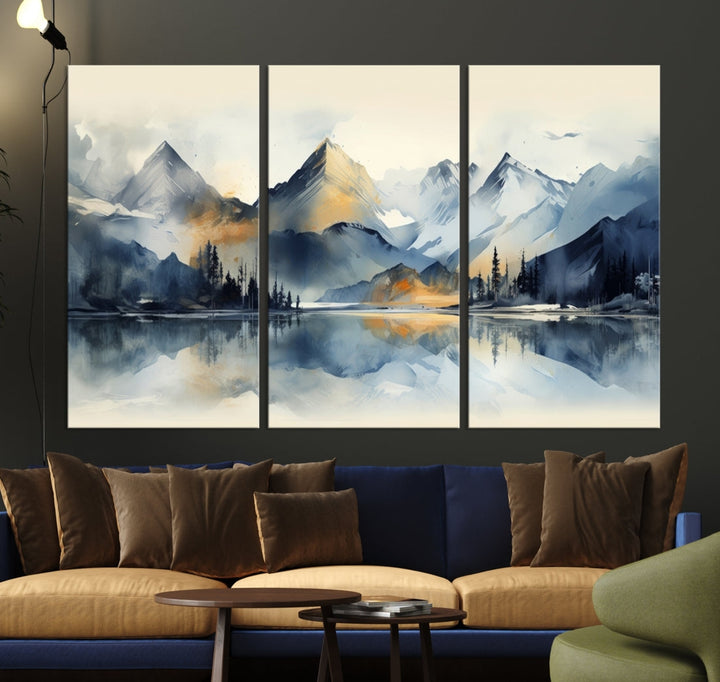 The "Lake Abstract Mountain Wall Art" is a three-panel masterpiece depicting a tranquil mountain landscape with a lake reflection on museum-quality canvas. Enjoy its enduring brilliance, thanks to the UV-protective coating, and take advantage of free shipping.