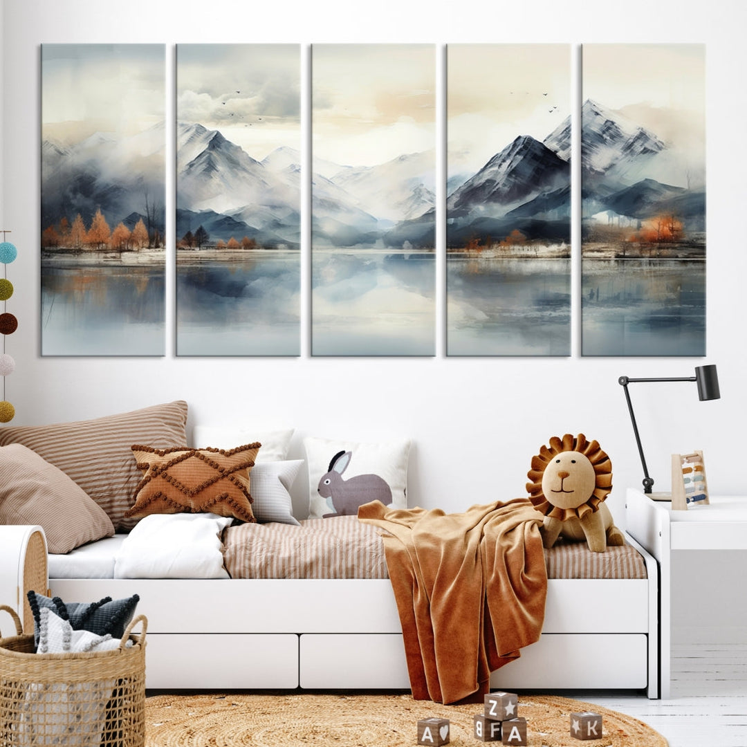 The Lake Mountain Abstract Wall Art, featuring a serene portrayal of mountains and a tranquil lake with autumn trees, is displayed on museum-quality canvas and enhanced by UV-protective coating.