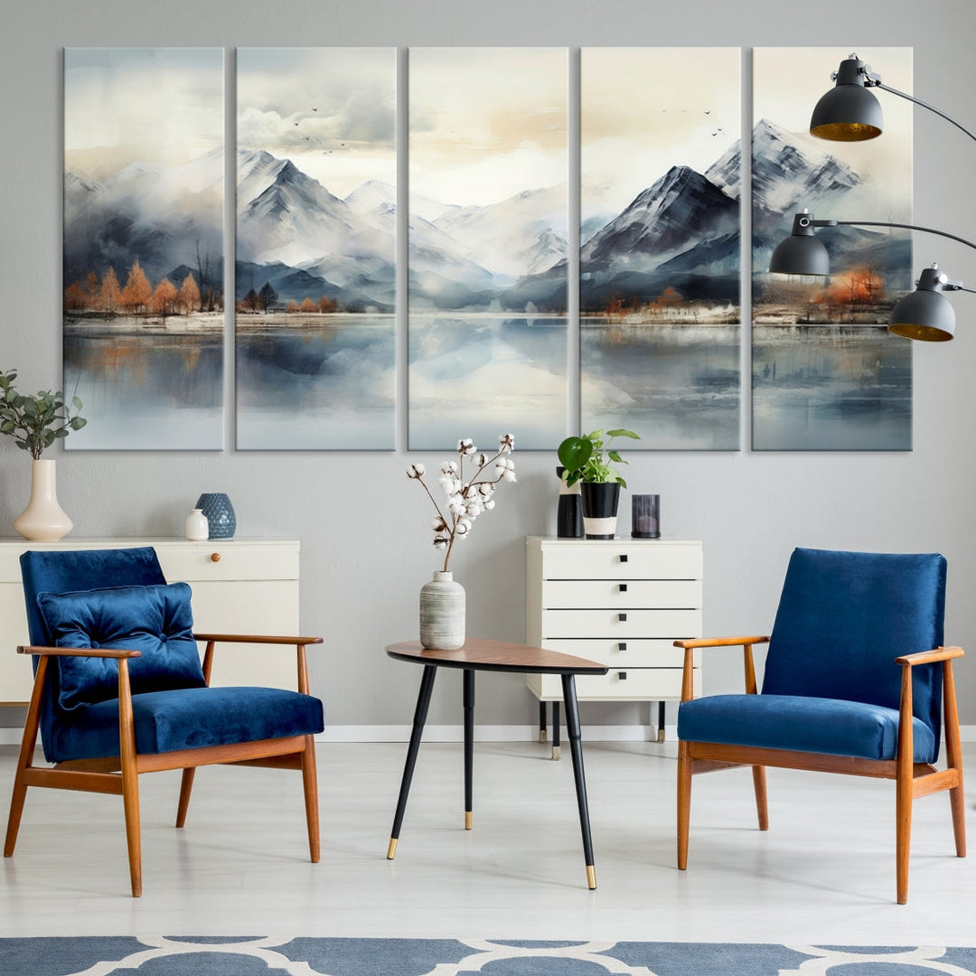 The Lake Mountain Abstract Wall Art, featuring a serene portrayal of mountains and a tranquil lake with autumn trees, is displayed on museum-quality canvas and enhanced by UV-protective coating.