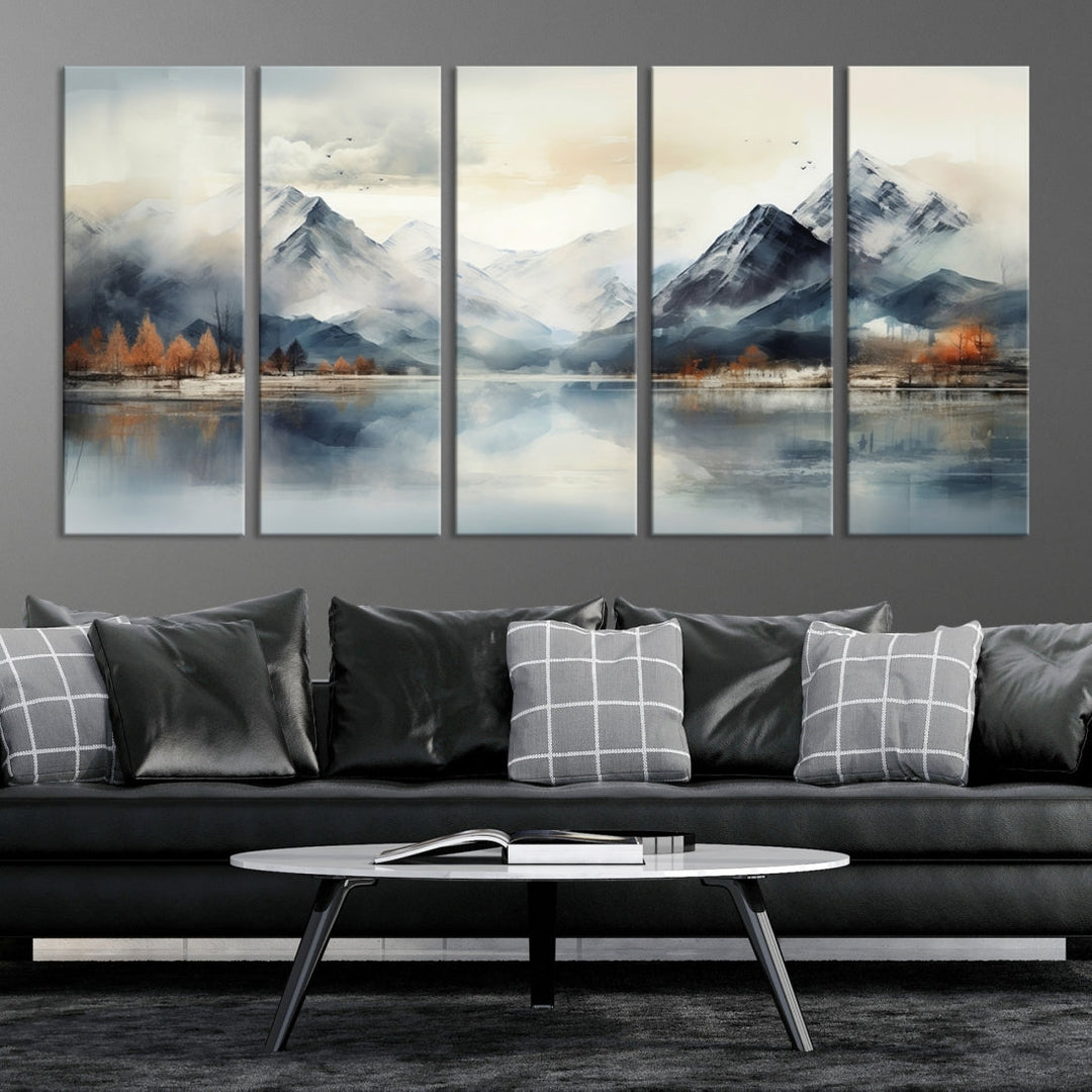 The Lake Mountain Abstract Wall Art, featuring a serene portrayal of mountains and a tranquil lake with autumn trees, is displayed on museum-quality canvas and enhanced by UV-protective coating.