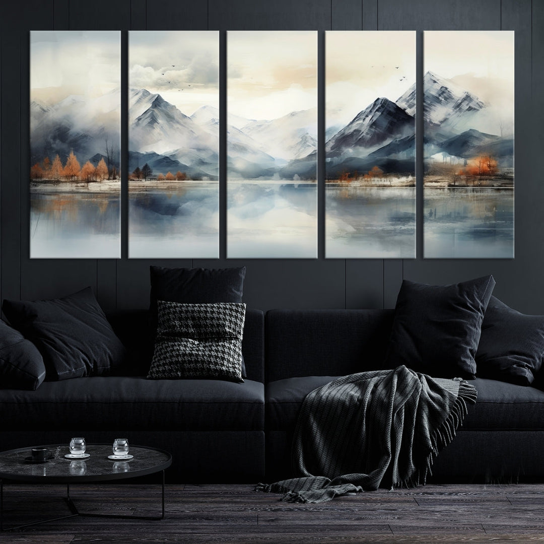 The Lake Mountain Abstract Wall Art, featuring a serene portrayal of mountains and a tranquil lake with autumn trees, is displayed on museum-quality canvas and enhanced by UV-protective coating.