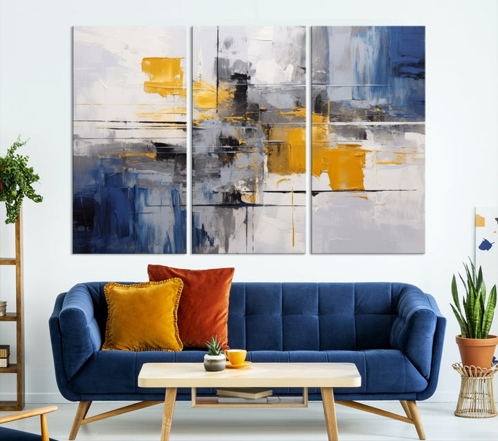 This Large Abstract Contemporary Art Canvas, skillfully crafted by a professional artisan on museum-quality material, showcases shades of blue, yellow, and gray.