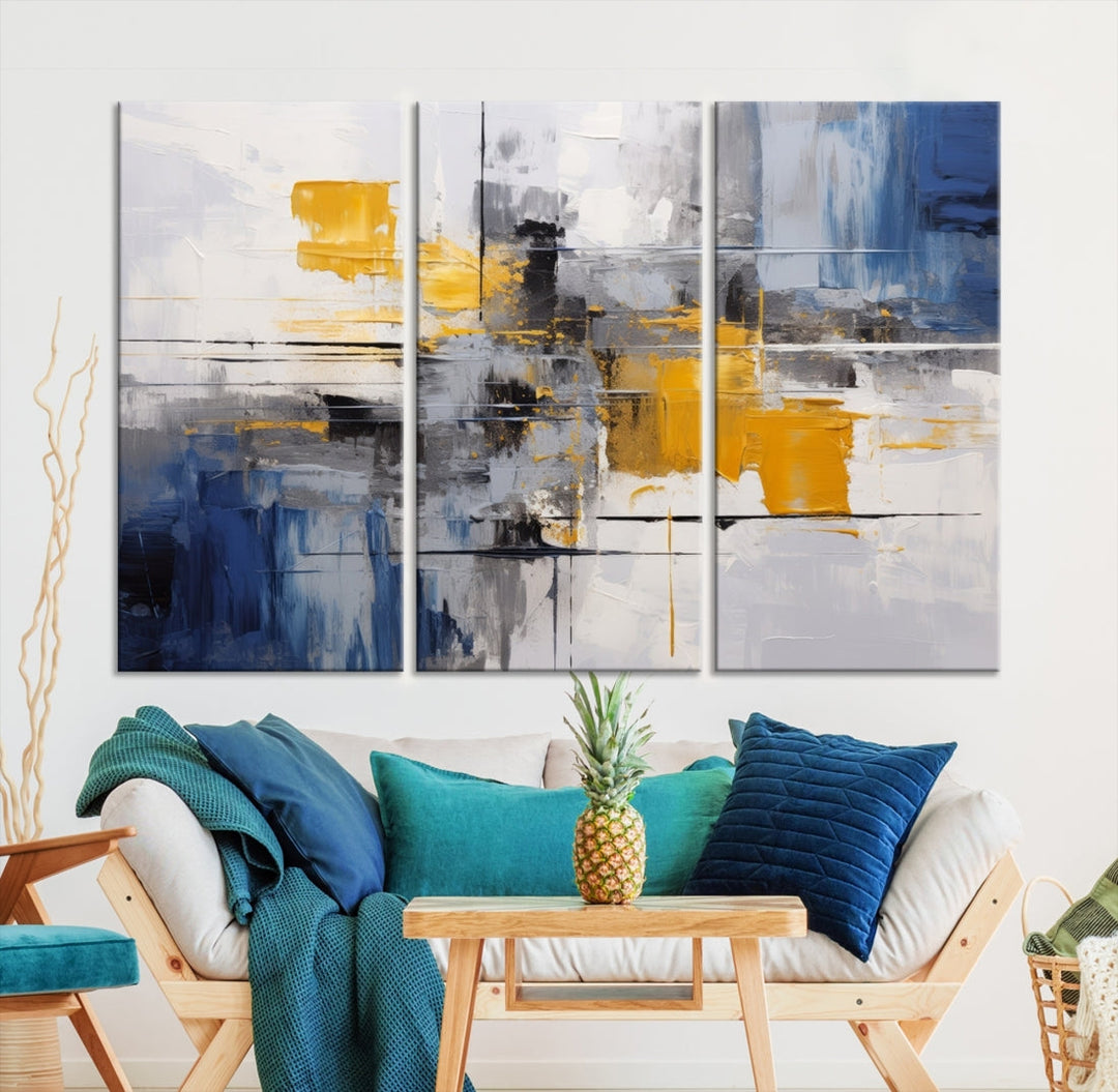 This Large Abstract Contemporary Art Canvas, skillfully crafted by a professional artisan on museum-quality material, showcases shades of blue, yellow, and gray.