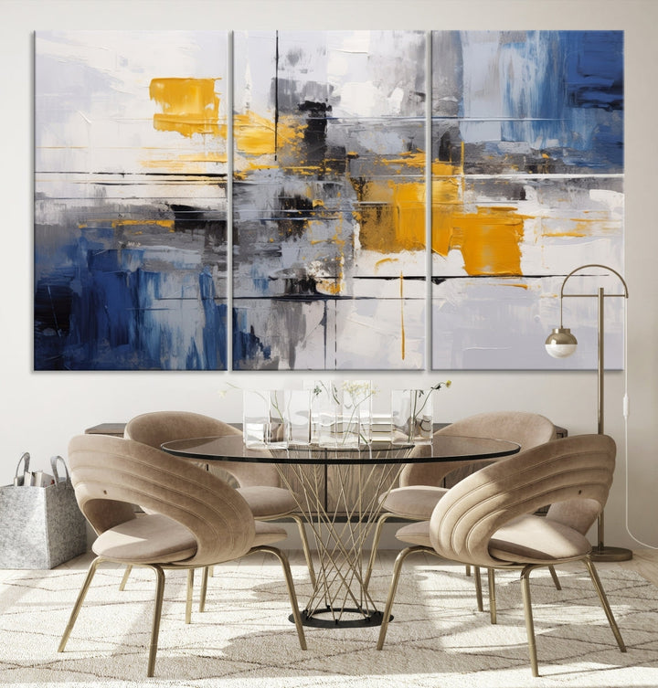 This Large Abstract Contemporary Art Canvas, skillfully crafted by a professional artisan on museum-quality material, showcases shades of blue, yellow, and gray.