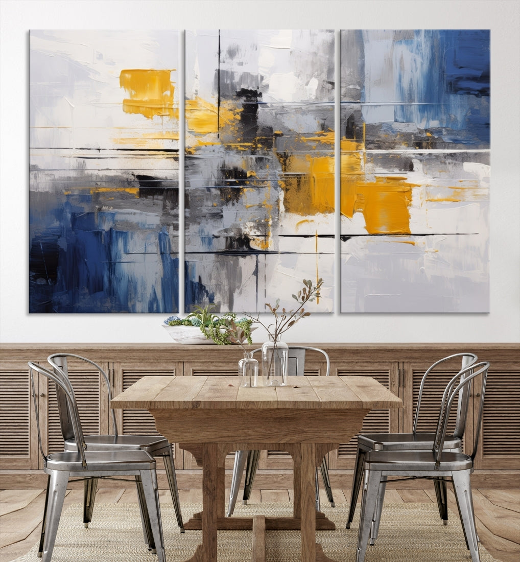 This Large Abstract Contemporary Art Canvas, skillfully crafted by a professional artisan on museum-quality material, showcases shades of blue, yellow, and gray.