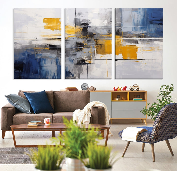 This Large Abstract Contemporary Art Canvas, skillfully crafted by a professional artisan on museum-quality material, showcases shades of blue, yellow, and gray.