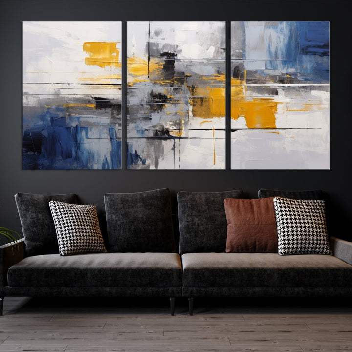 This Large Abstract Contemporary Art Canvas, skillfully crafted by a professional artisan on museum-quality material, showcases shades of blue, yellow, and gray.