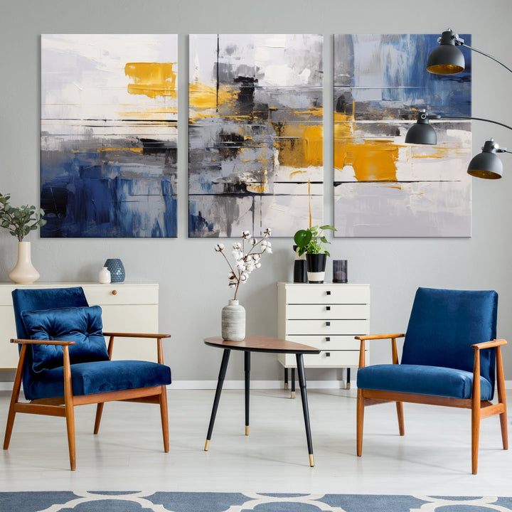 This Large Abstract Contemporary Art Canvas, skillfully crafted by a professional artisan on museum-quality material, showcases shades of blue, yellow, and gray.