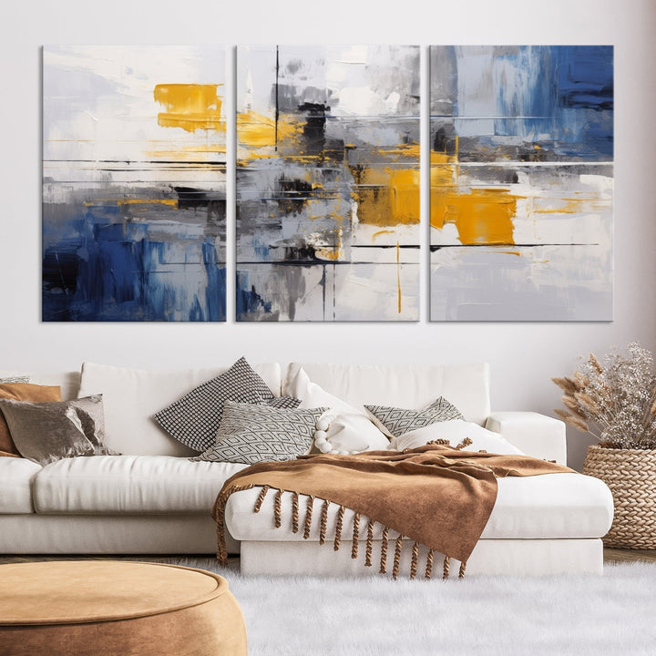 This Large Abstract Contemporary Art Canvas, skillfully crafted by a professional artisan on museum-quality material, showcases shades of blue, yellow, and gray.