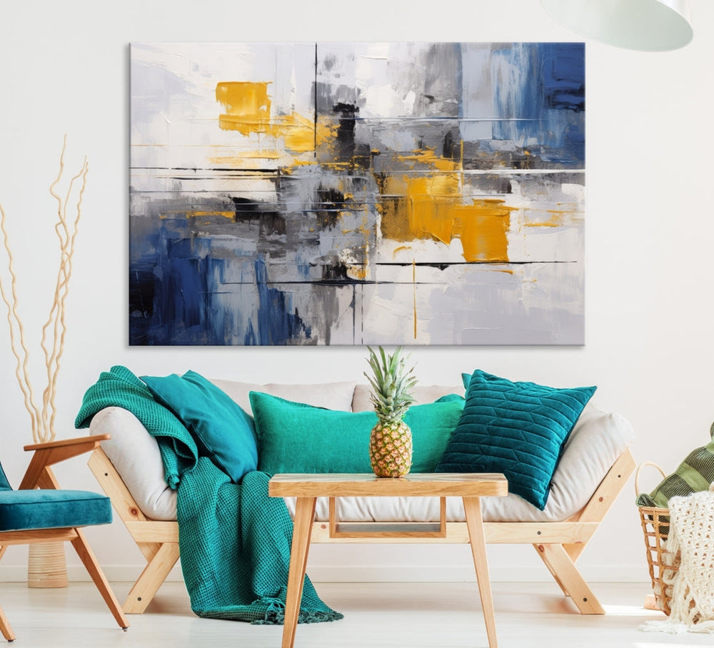 This Large Abstract Contemporary Art Canvas, skillfully crafted by a professional artisan on museum-quality material, showcases shades of blue, yellow, and gray.