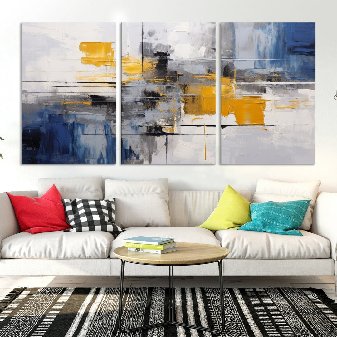 This Large Abstract Contemporary Art Canvas, skillfully crafted by a professional artisan on museum-quality material, showcases shades of blue, yellow, and gray.