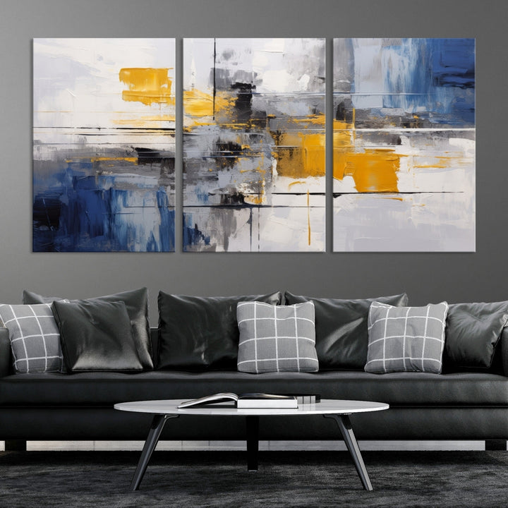 This Large Abstract Contemporary Art Canvas, skillfully crafted by a professional artisan on museum-quality material, showcases shades of blue, yellow, and gray.