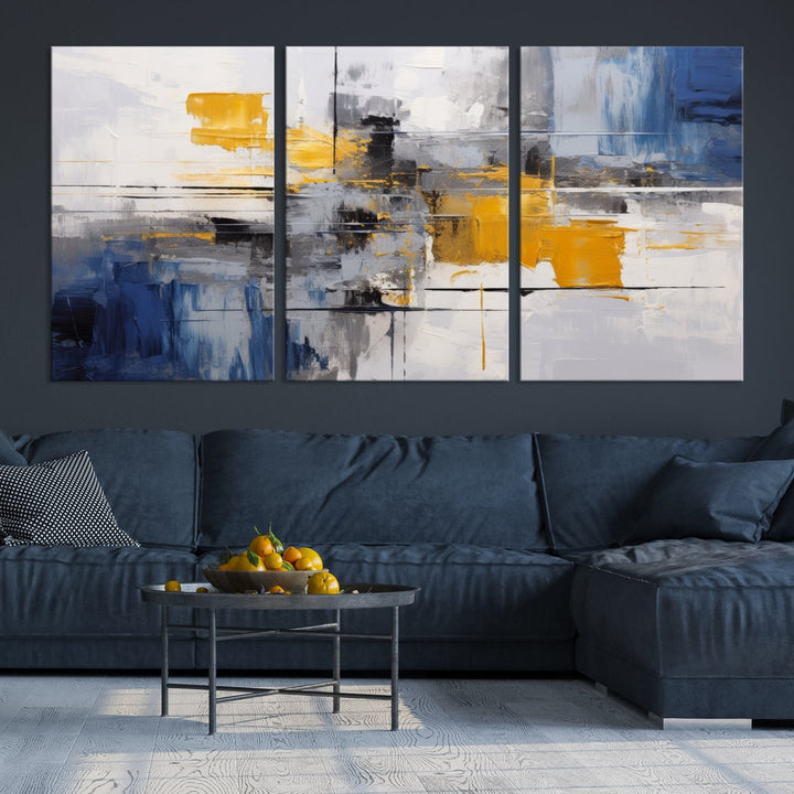 This Large Abstract Contemporary Art Canvas, skillfully crafted by a professional artisan on museum-quality material, showcases shades of blue, yellow, and gray.