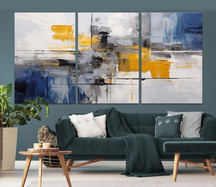 This Large Abstract Contemporary Art Canvas, skillfully crafted by a professional artisan on museum-quality material, showcases shades of blue, yellow, and gray.