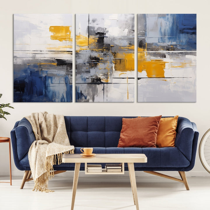 This Large Abstract Contemporary Art Canvas, skillfully crafted by a professional artisan on museum-quality material, showcases shades of blue, yellow, and gray.