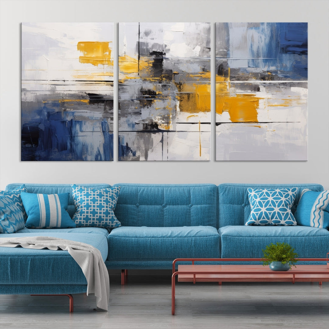 This Large Abstract Contemporary Art Canvas, skillfully crafted by a professional artisan on museum-quality material, showcases shades of blue, yellow, and gray.