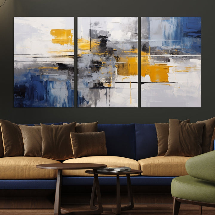 This Large Abstract Contemporary Art Canvas, skillfully crafted by a professional artisan on museum-quality material, showcases shades of blue, yellow, and gray.