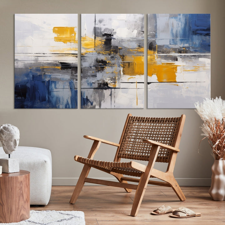 This Large Abstract Contemporary Art Canvas, skillfully crafted by a professional artisan on museum-quality material, showcases shades of blue, yellow, and gray.