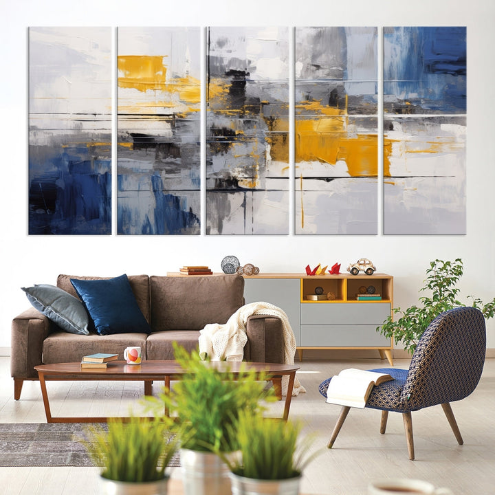 This Large Abstract Contemporary Art Canvas, skillfully crafted by a professional artisan on museum-quality material, showcases shades of blue, yellow, and gray.