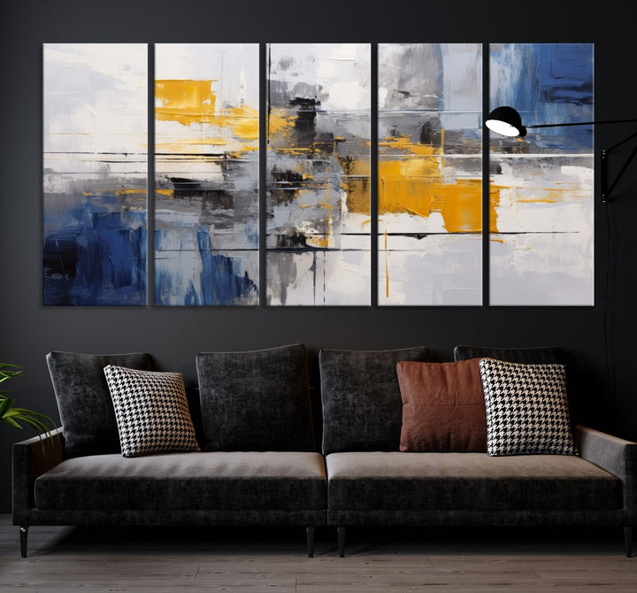 This Large Abstract Contemporary Art Canvas, skillfully crafted by a professional artisan on museum-quality material, showcases shades of blue, yellow, and gray.