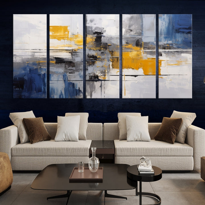 This Large Abstract Contemporary Art Canvas, skillfully crafted by a professional artisan on museum-quality material, showcases shades of blue, yellow, and gray.