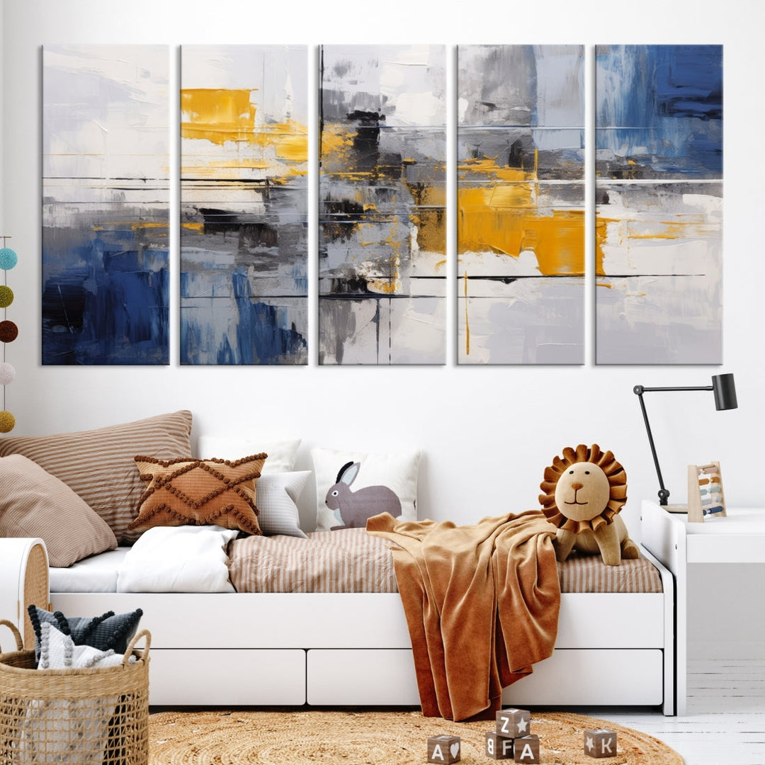 This Large Abstract Contemporary Art Canvas, skillfully crafted by a professional artisan on museum-quality material, showcases shades of blue, yellow, and gray.