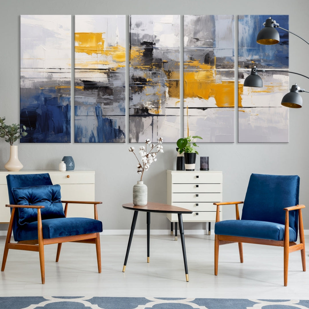 This Large Abstract Contemporary Art Canvas, skillfully crafted by a professional artisan on museum-quality material, showcases shades of blue, yellow, and gray.