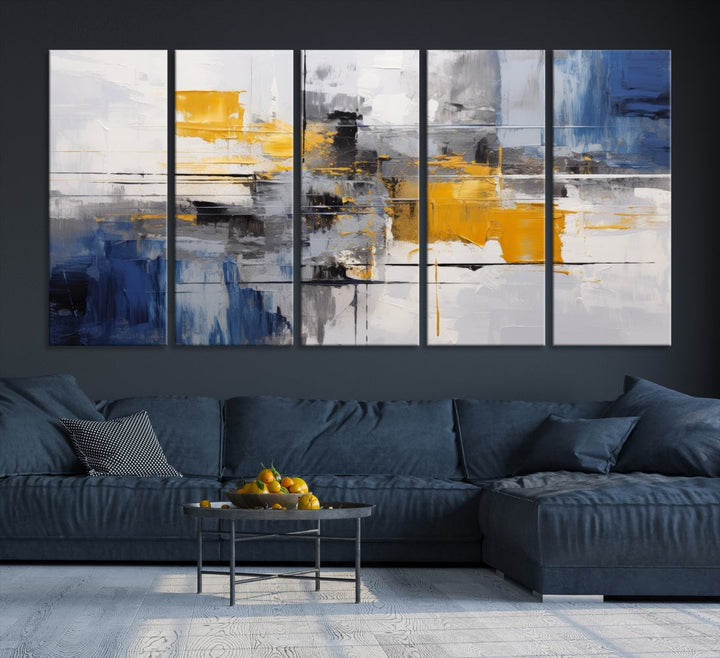 This Large Abstract Contemporary Art Canvas, skillfully crafted by a professional artisan on museum-quality material, showcases shades of blue, yellow, and gray.