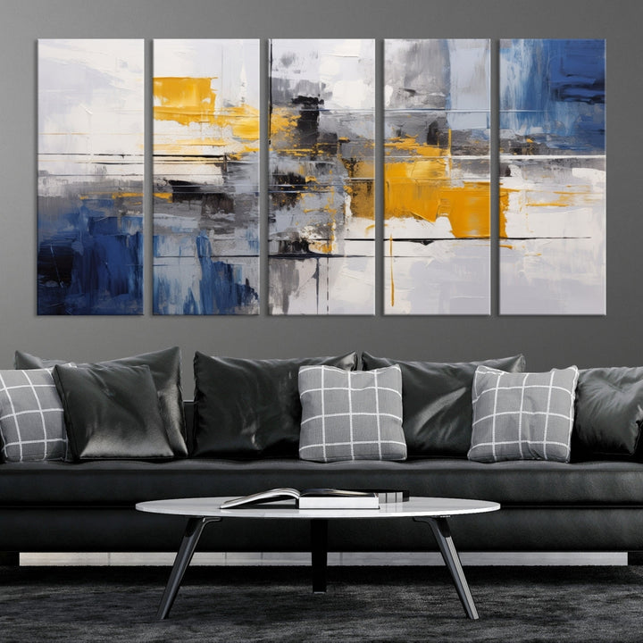 This Large Abstract Contemporary Art Canvas, skillfully crafted by a professional artisan on museum-quality material, showcases shades of blue, yellow, and gray.