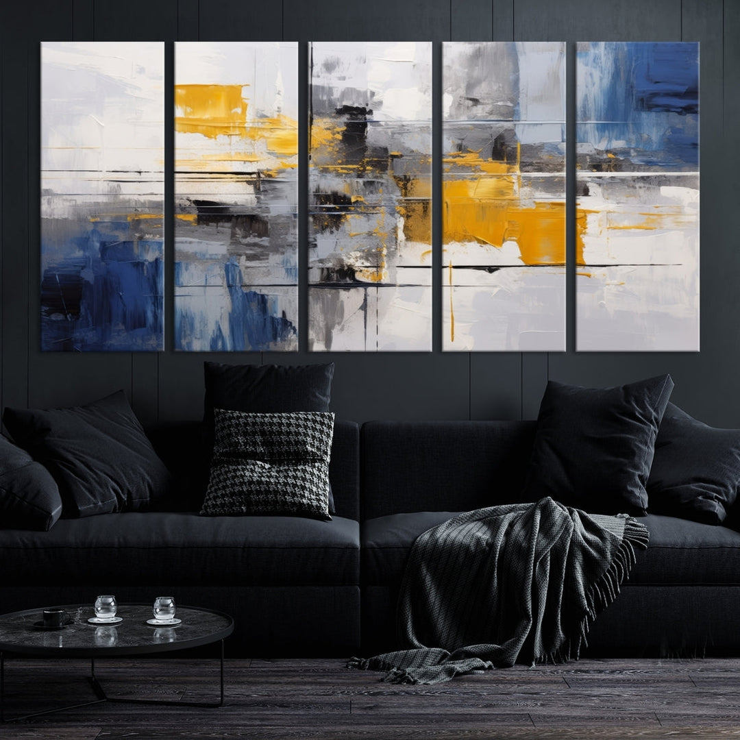 This Large Abstract Contemporary Art Canvas, skillfully crafted by a professional artisan on museum-quality material, showcases shades of blue, yellow, and gray.