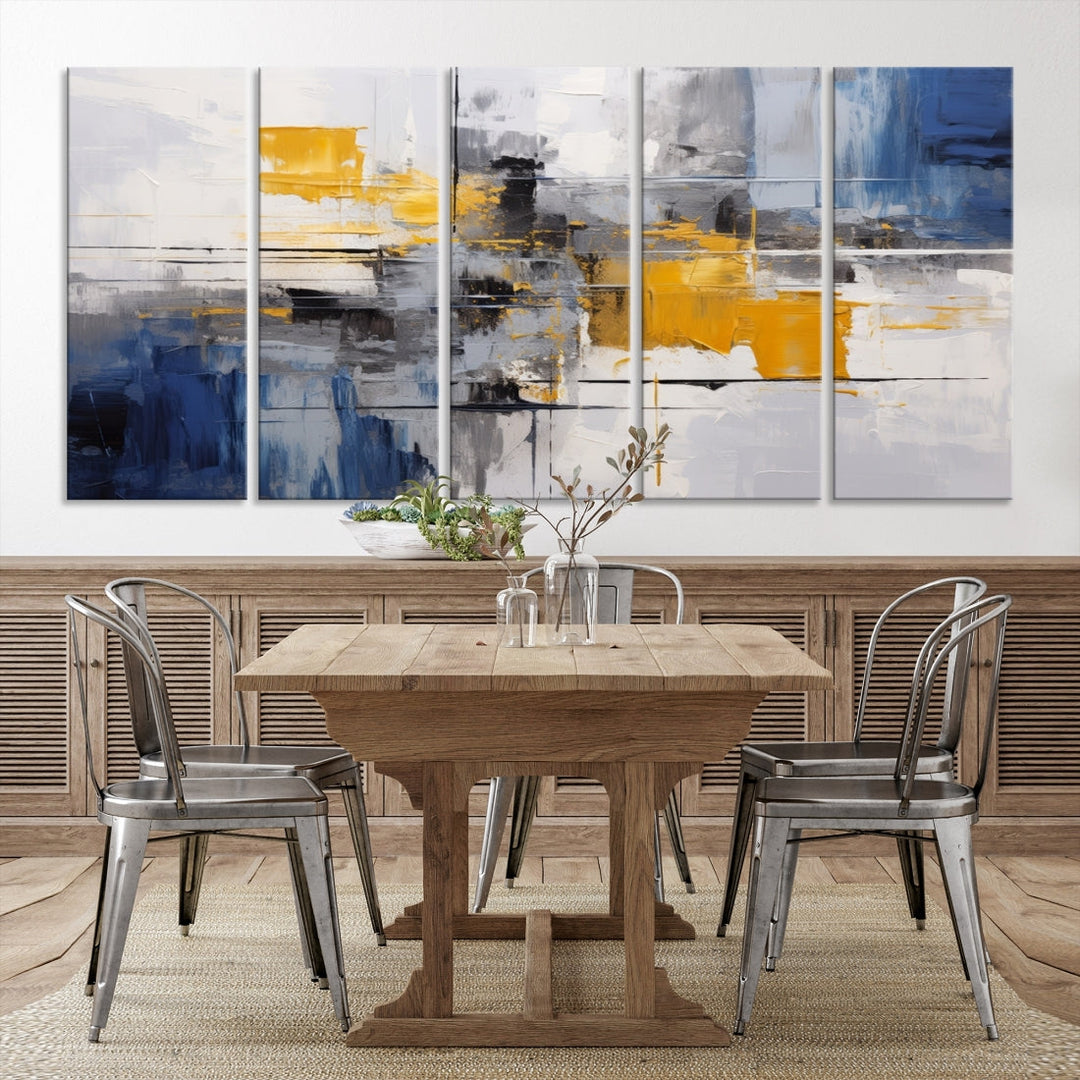 This Large Abstract Contemporary Art Canvas, skillfully crafted by a professional artisan on museum-quality material, showcases shades of blue, yellow, and gray.