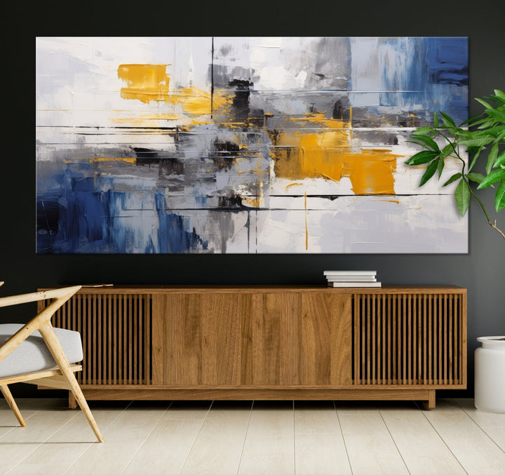 This Large Abstract Contemporary Art Canvas, skillfully crafted by a professional artisan on museum-quality material, showcases shades of blue, yellow, and gray.