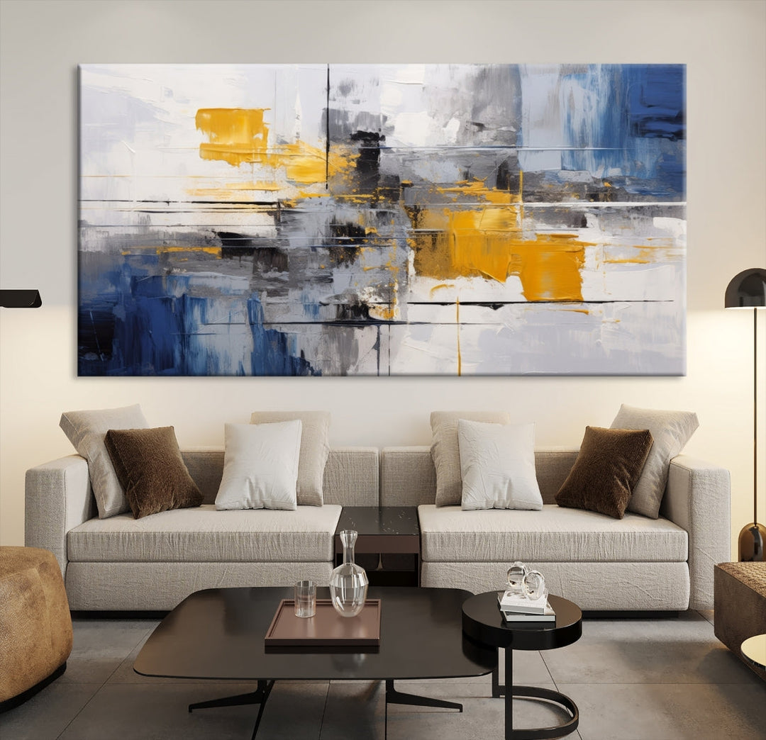 This Large Abstract Contemporary Art Canvas, skillfully crafted by a professional artisan on museum-quality material, showcases shades of blue, yellow, and gray.