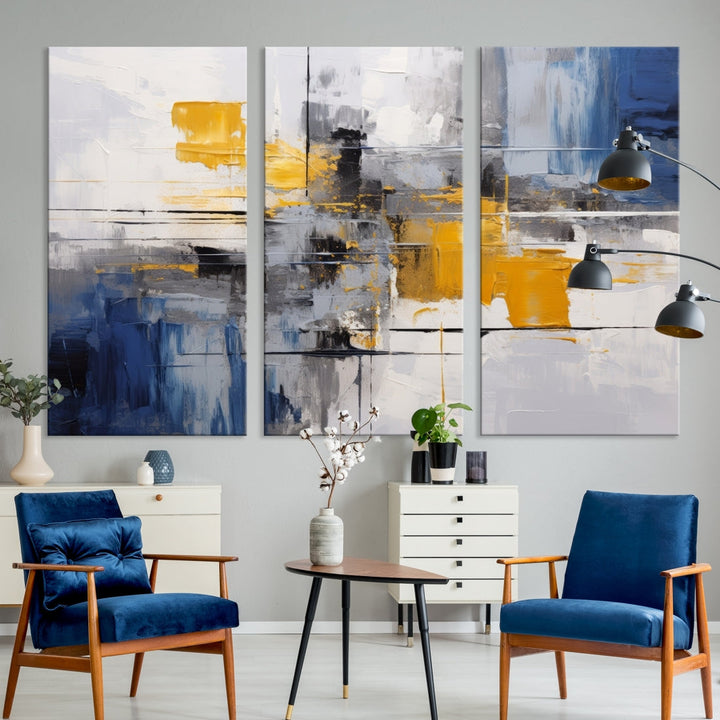 This Large Abstract Contemporary Art Canvas, skillfully crafted by a professional artisan on museum-quality material, showcases shades of blue, yellow, and gray.