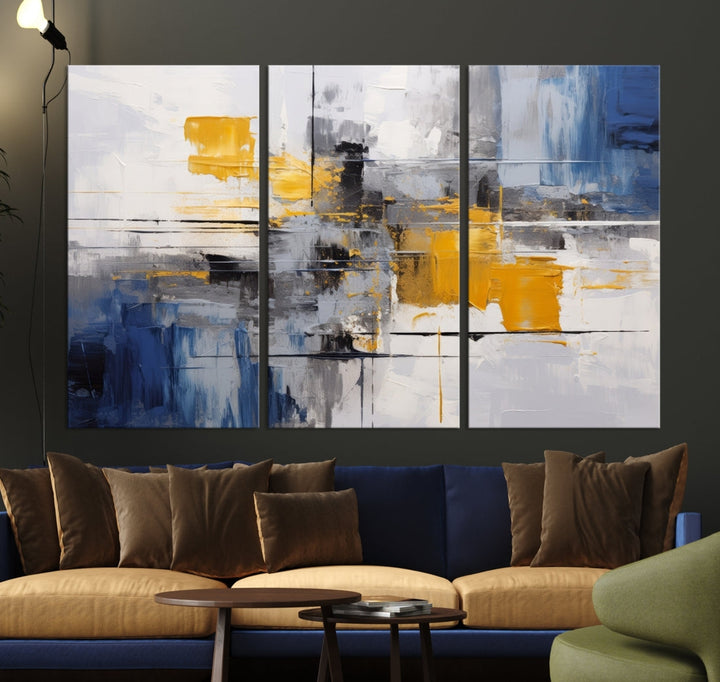 This Large Abstract Contemporary Art Canvas, skillfully crafted by a professional artisan on museum-quality material, showcases shades of blue, yellow, and gray.