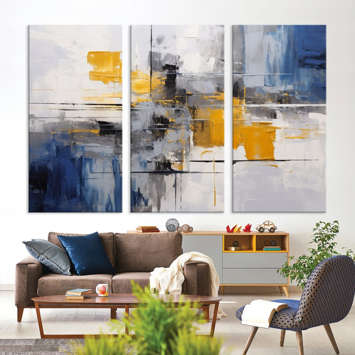 This Large Abstract Contemporary Art Canvas, skillfully crafted by a professional artisan on museum-quality material, showcases shades of blue, yellow, and gray.