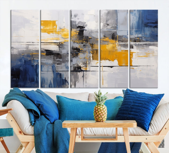 This Large Abstract Contemporary Art Canvas, skillfully crafted by a professional artisan on museum-quality material, showcases shades of blue, yellow, and gray.