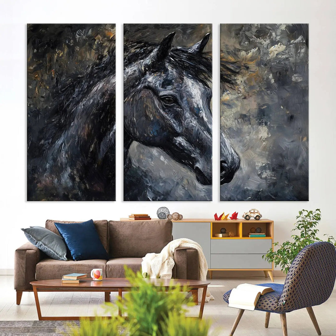 A large abstract horse wall art canvas print, featuring a majestic black horse, adds a touch of farmhouse and rustic charm to the space.