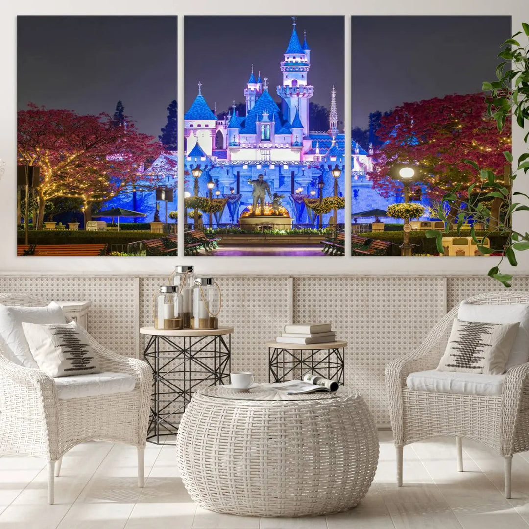 The Large Disney Castle Canvas Print captures a brightly lit castle at night.