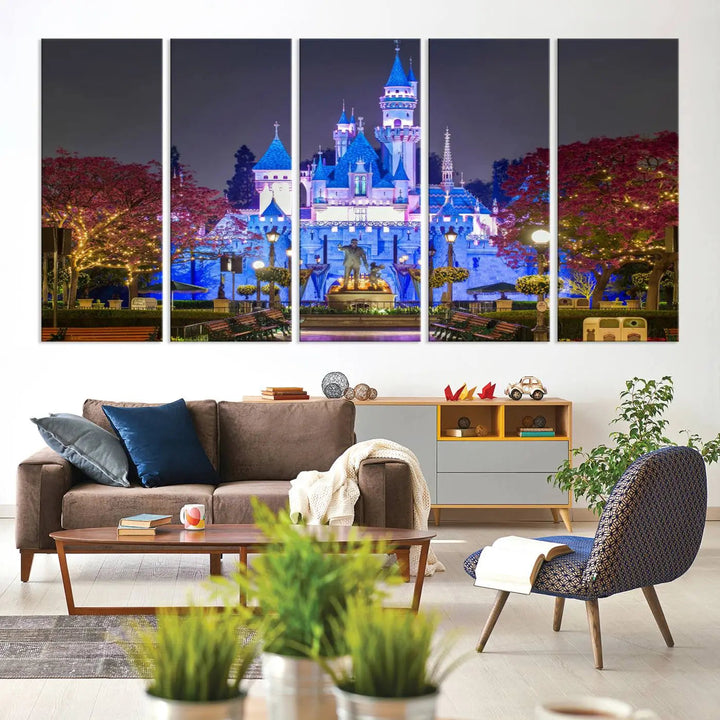 The Large Disney Castle Canvas Print captures a brightly lit castle at night.