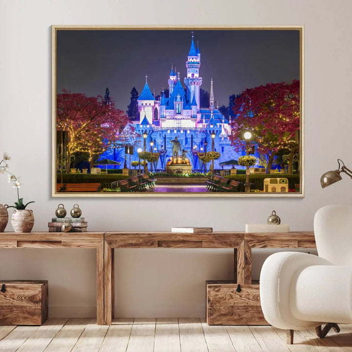 The Large Disney Castle Canvas Print captures a brightly lit castle at night.