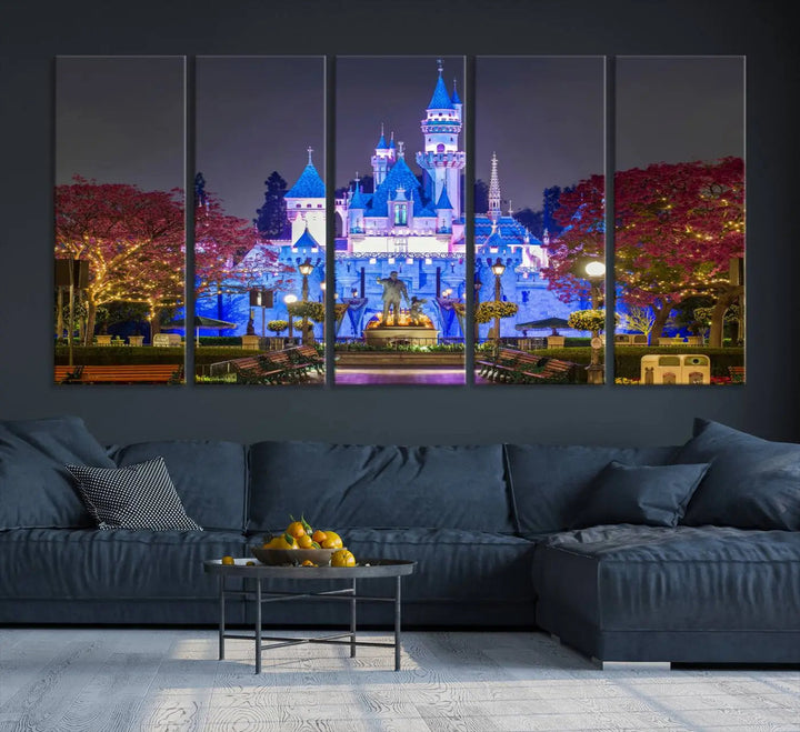 The Large Disney Castle Canvas Print captures a brightly lit castle at night.