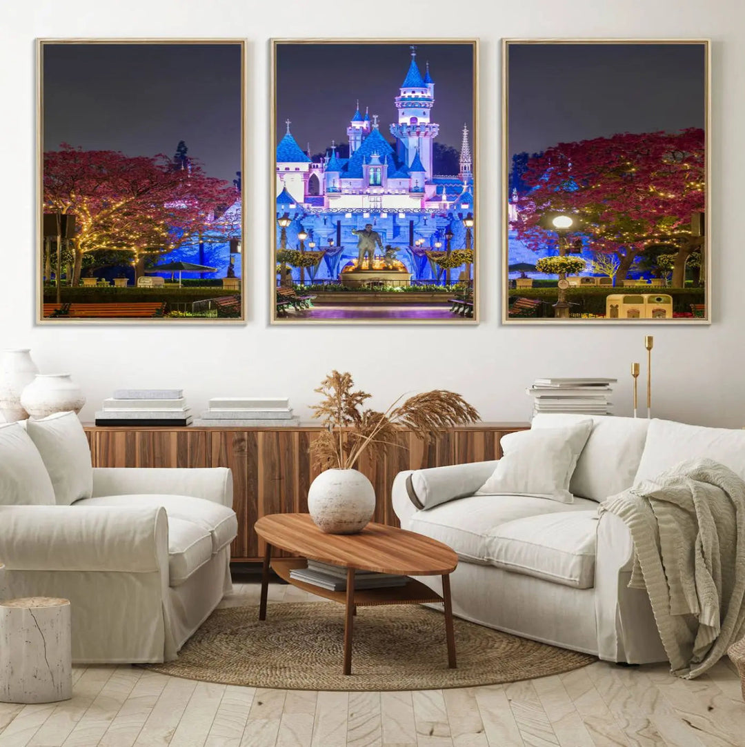 The Large Disney Castle Canvas Print captures a brightly lit castle at night.