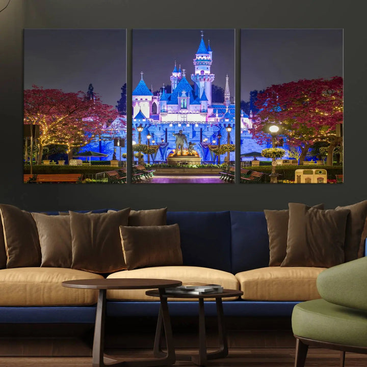 The Large Disney Castle Canvas Print captures a brightly lit castle at night.