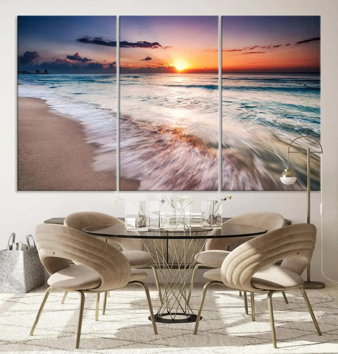 A serene triptych titled "Large Ocean Sunset Canvas Wall Art" features waves gently crashing under a golden reflection. This beach waves art print enhances the room's seaside ambiance.