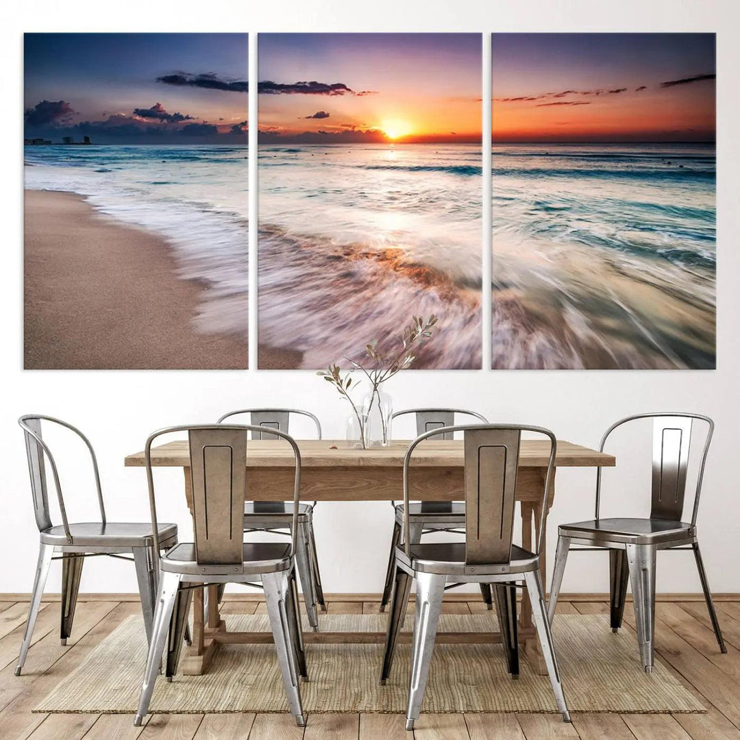 A serene triptych titled "Large Ocean Sunset Canvas Wall Art" features waves gently crashing under a golden reflection. This beach waves art print enhances the room's seaside ambiance.