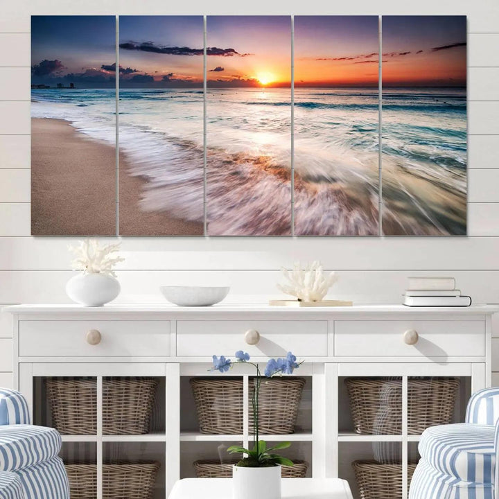 A serene triptych titled "Large Ocean Sunset Canvas Wall Art" features waves gently crashing under a golden reflection. This beach waves art print enhances the room's seaside ambiance.