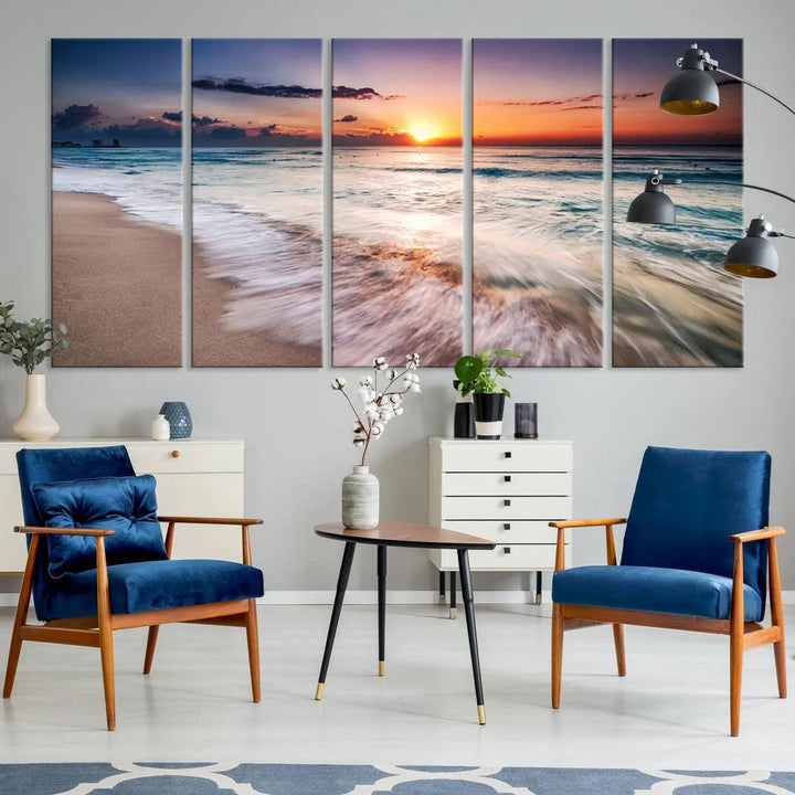 A serene triptych titled "Large Ocean Sunset Canvas Wall Art" features waves gently crashing under a golden reflection. This beach waves art print enhances the room's seaside ambiance.