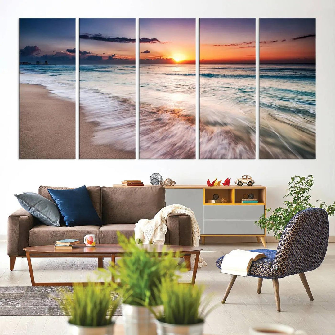 A serene triptych titled "Large Ocean Sunset Canvas Wall Art" features waves gently crashing under a golden reflection. This beach waves art print enhances the room's seaside ambiance.