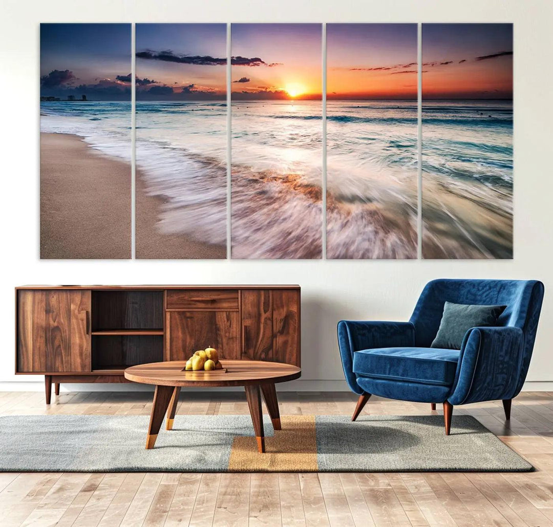 A serene triptych titled "Large Ocean Sunset Canvas Wall Art" features waves gently crashing under a golden reflection. This beach waves art print enhances the room's seaside ambiance.